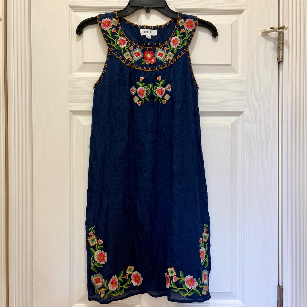 Navy Blue THML Shift Dress with Floral Embroidery - Size XS